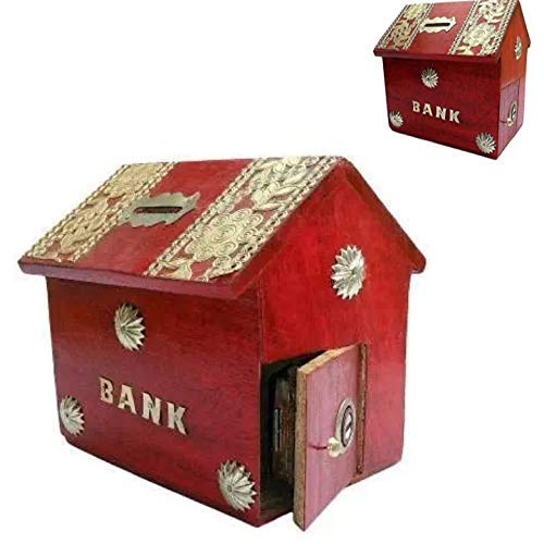 Wooden Money Bank for Kids, Red Colour, Coin Saving Gullak - Premium Quality High-Durability Product