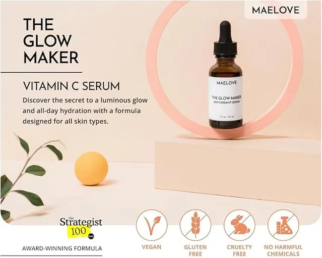 MAELOVE Hydrating Facial Serum with Vitamins C, E, Ferulic Acid and Hyaluronic Acid -1 Fl Oz/30ML - Premium Quality High-Durability Product