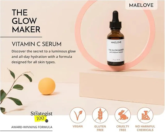 MAELOVE Hydrating Facial Serum with Vitamins C, E, Ferulic Acid and Hyaluronic Acid -1 Fl Oz/30ML - Premium Quality High-Durability Product